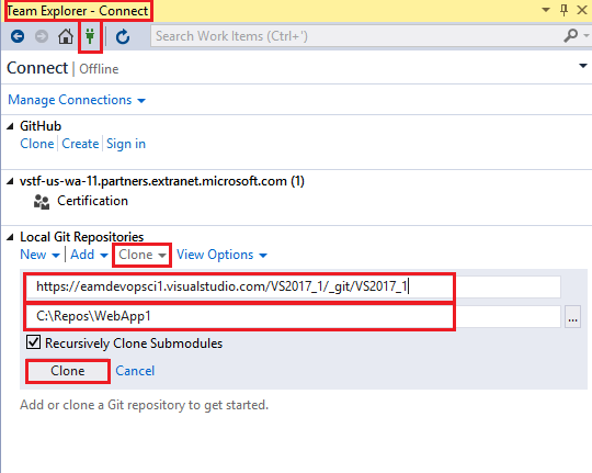 Screenshot of Visual Studio Team Explorer windows with Manage connections icon highlighted and the Azure DevOps repo url pasted in along with a local folder C:\Repos\WebApp1 and the Clone button highlighted.